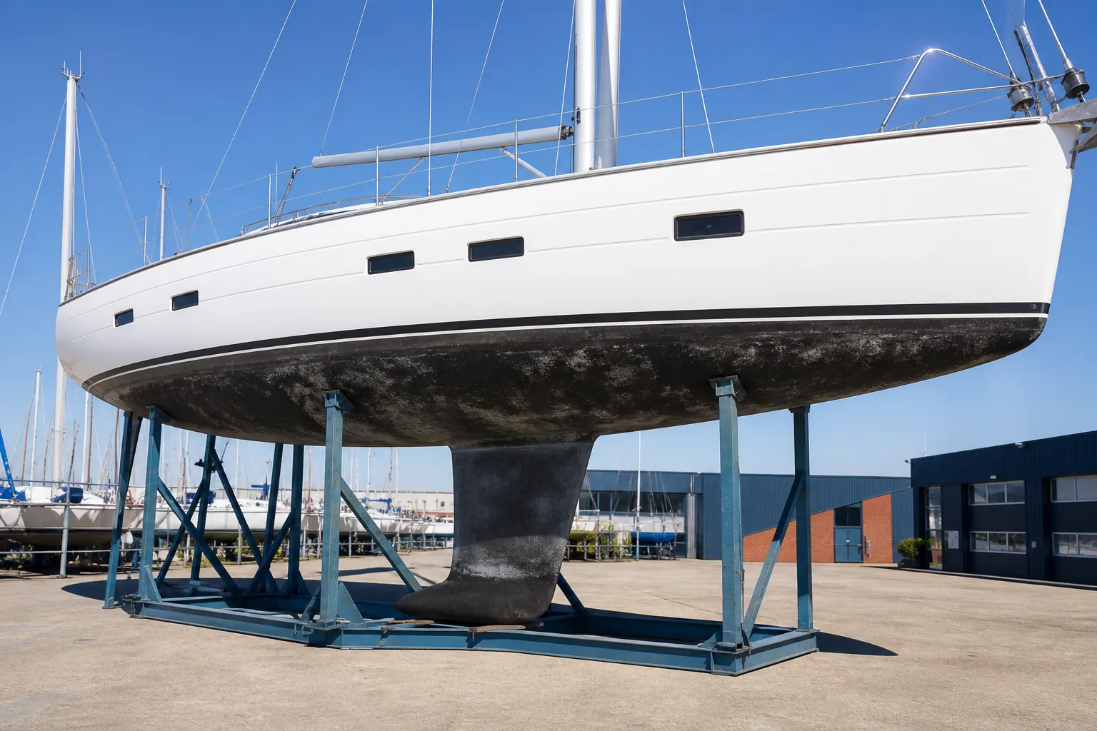 Een witte zeilboot op stophout in de haven, met het onderwaterschip dicht begroeid met aanslag en aangroei