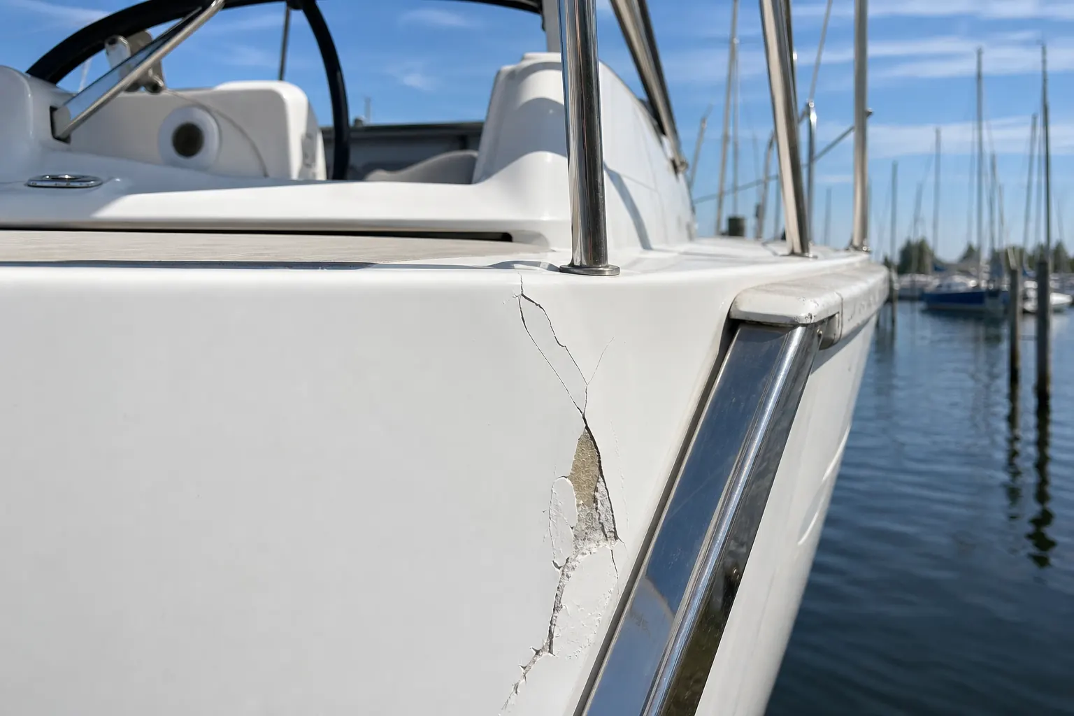 Een witte romp bij de opstap, met een gebarsten scheur en een afgebroken hoek in de gelcoat